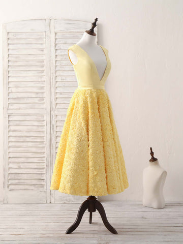Yellow V Neck 3D Floral Satin Tea Long Homecoming Dress HZ1023